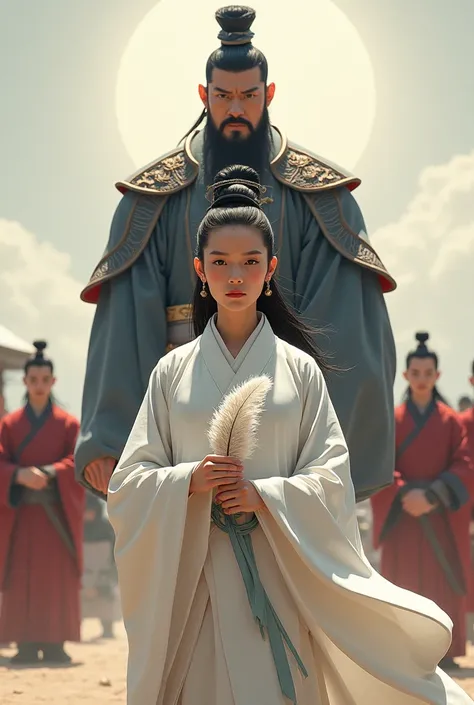 A middle-aged teacher，Dressed in a white robe，Feather fan in hand， with a majestic general in the background, military camp characters from the Three Kingdoms period are simple and retro