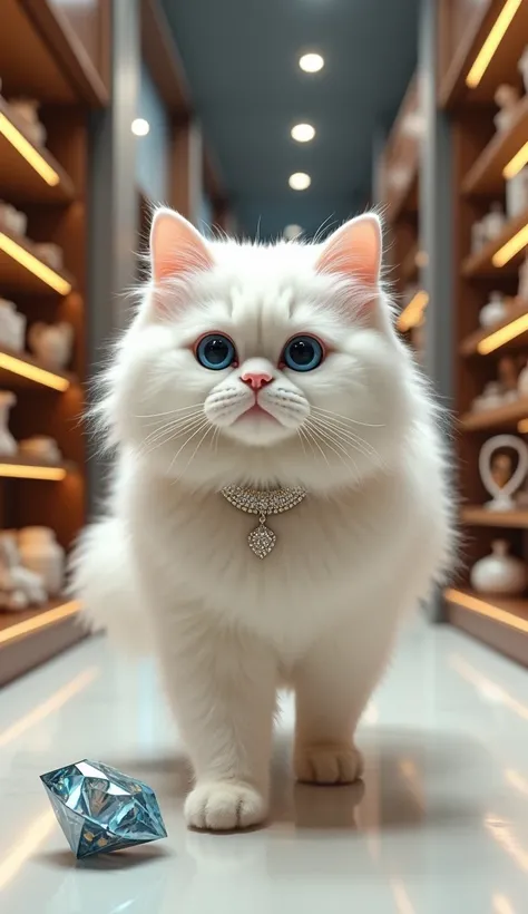 Whiskers(a fluffy Persian cat with a luxurious, long white coat and striking blue eyes,) struts through a high-end pet boutique, wearing a tiny designer collar adorned with jewels. Shelves filled with luxurious toys, gourmet treats, and fancy outfits surro...