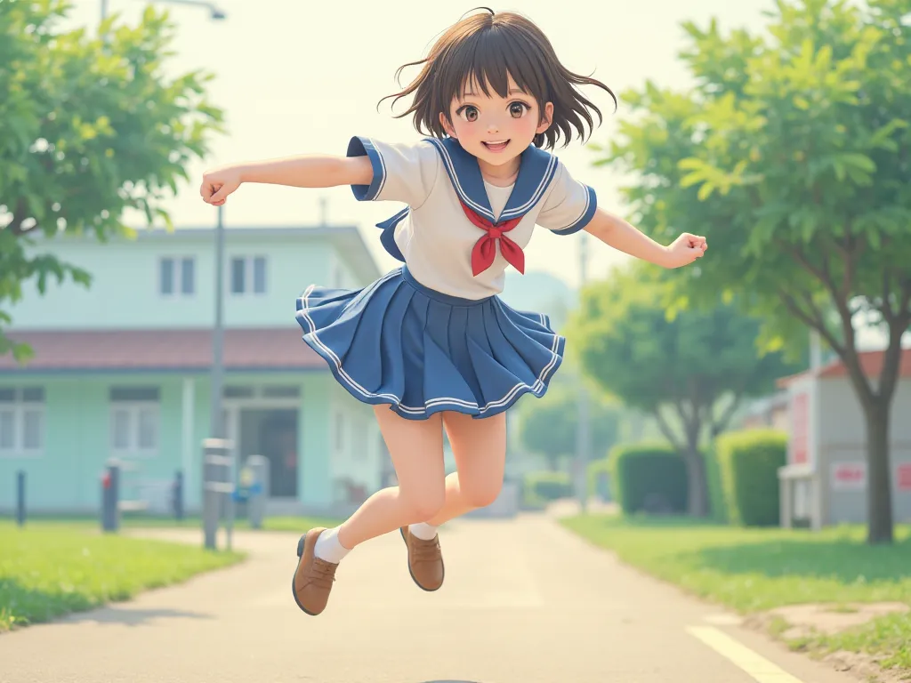 japanese、cute、woman、 short hair、smile、 sailor suit、jump