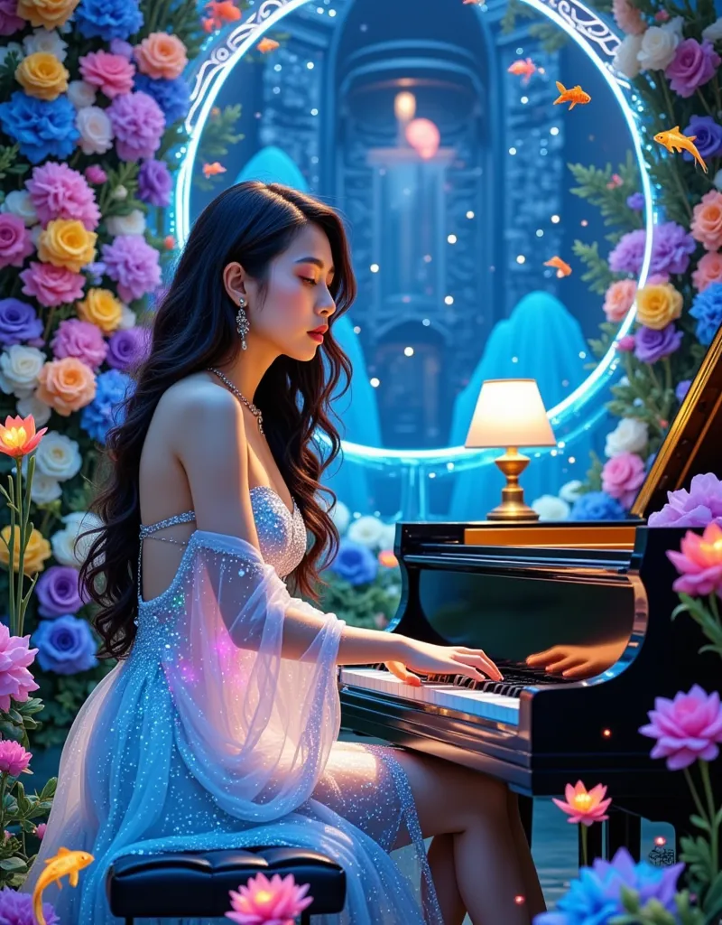 a vibrant photograph featuring a young asian woman seated at a grand piano. she has long, wavy dark hair and a fair complexion. ...