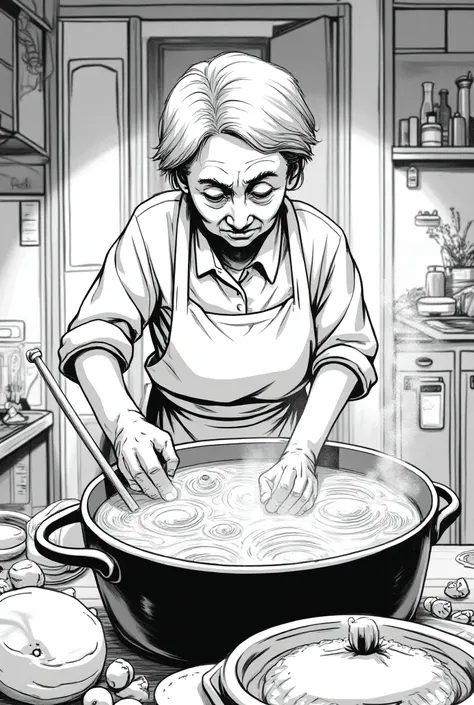 A grany cooking in a soup pot from a up angle in perspective in a manga style black and white