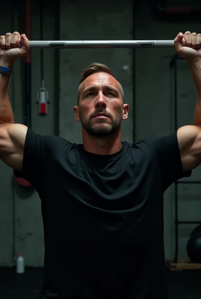 "25-year-old man doing a flat bench press, wearing an oversized black T-shirt with wide sleeves that reach the elbows."

