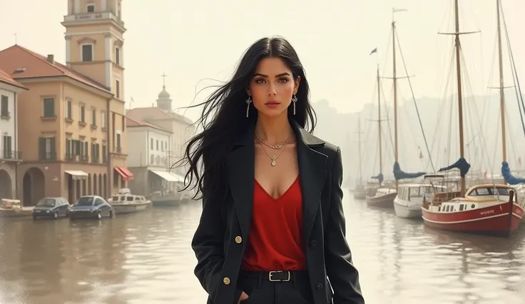 Walking alone in a hazy Spanish port town in the morning 、 wearing a red inner layer and a black trench coat、Beautiful woman with long black hair、Necklace and earrings included、whole body、Watercolor