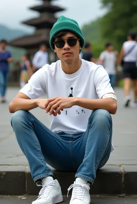 Instructions

Copy

Realistic photography. Professional model shooting. Young Indonesian man wearing green beanie and sunglasses looks handsome. and slightly athletic body. Wearing a white Jordan shirt with blue jeans. White Jordan shoes. sitting casually ...