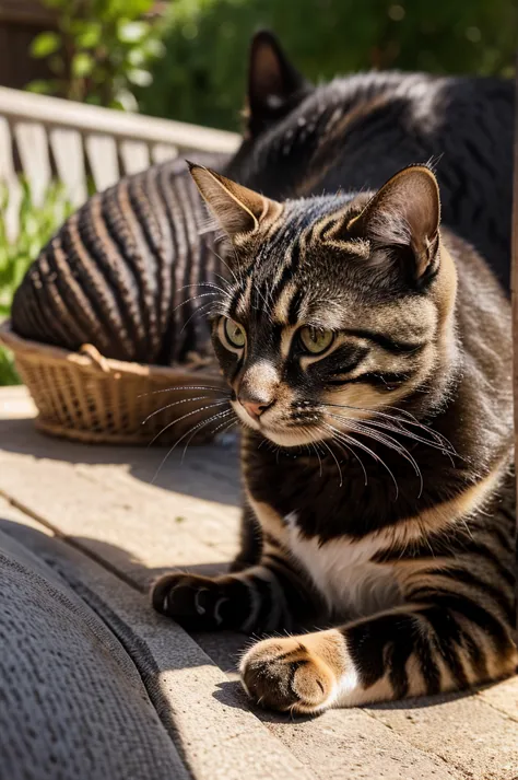 a cat eating barbecue and salad at yard, detailed feline features, beautiful fur texture, detailed whiskers, detailed eyes, deta...