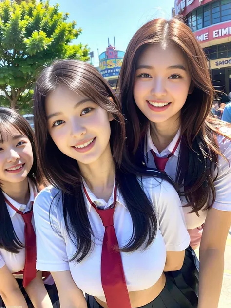 (A super cute Korean schoolgirl takes a commemorative photo with her two beautiful best friends:1.2)( is laughing:1.2)(Beautiful Sweat:1.1)(16k,  RAW Photos, Best Quality, masterpiece: 1.2),( Glossy, Beautiful Black Bob Cut Blown by the Wind and Swaying So...