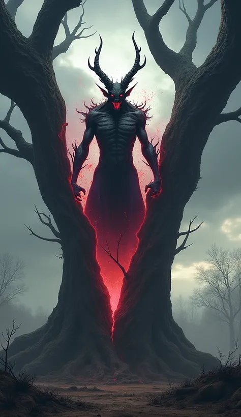 The tree splits and a demonic figure emerges 