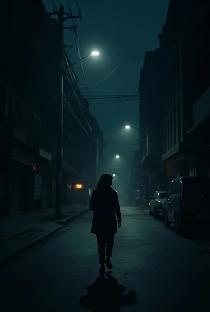 Dark, empty street at night. A young woman, Shreya, is walking alone, looking nervous and checking her phone.Theres a feeling of isolation around her, as streetlights flicker.