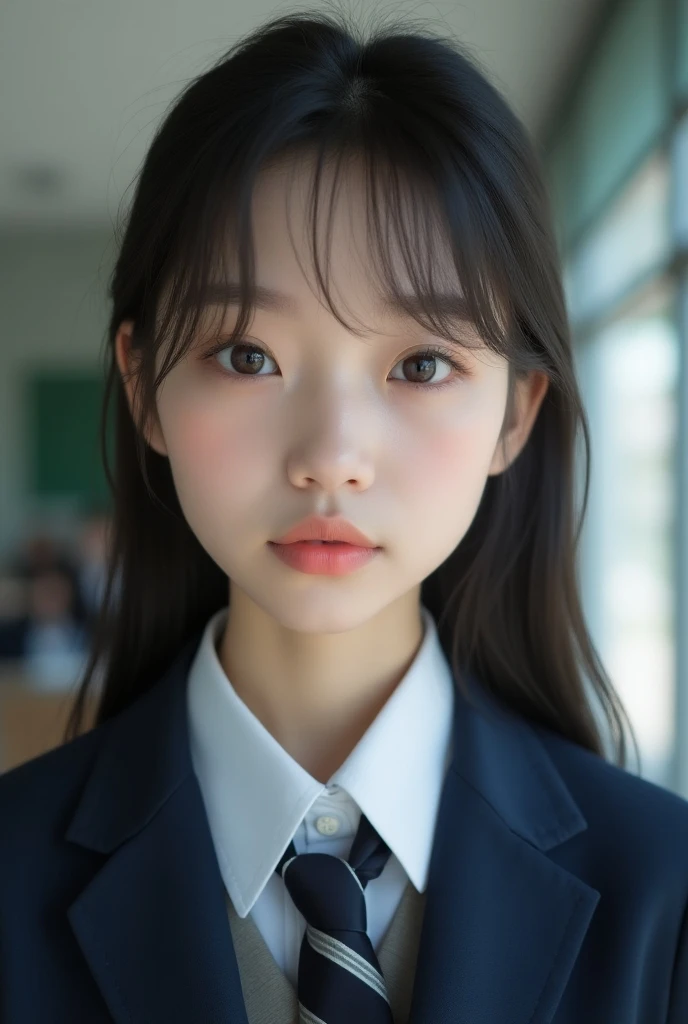 (photorealism:1.6), selfie of a Korean teenager girl in school uniform, face close, looking on camera