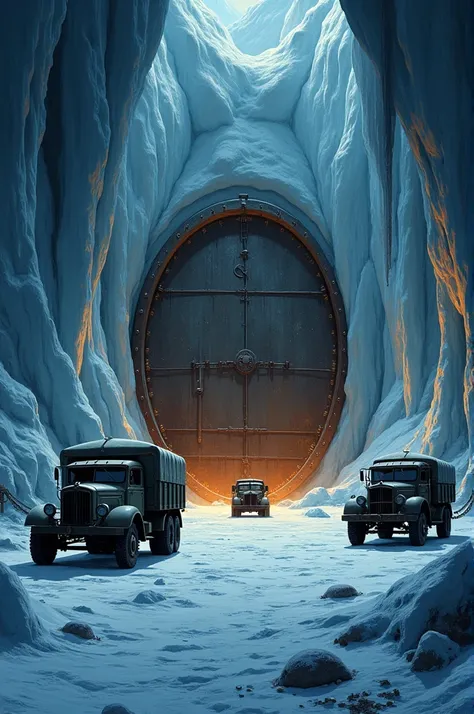  Illustration of a hidden base in Antarctica , located inside a huge ice cave ,  with dim lights illuminating a giant steel door .  View of 1940s-era vehicles and equipment parked outside,  surrounded by a thick expanse of snow 