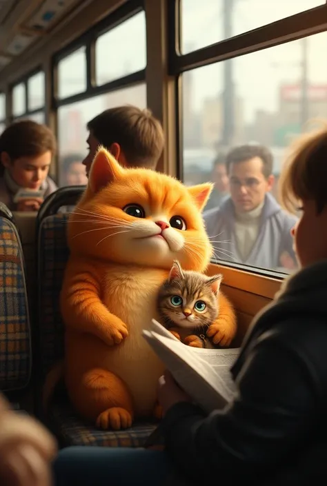 Description: The interior of a bus, filled with a mix of passengers. The orange chubby cat is seated by a window with the chubby kitten on its lap, both looking curious yet content. The cat gazes out the window as the scenery passes by, while the kitten hu...