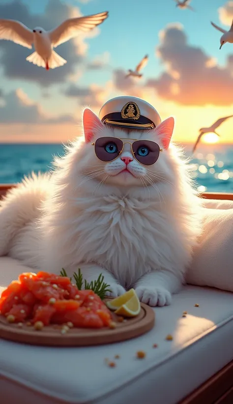 Whiskers(a fluffy Persian cat with a luxurious, long white coat and striking blue eyes,) enjoys a sunny day aboard his luxurious yacht, cruising through sparkling blue waters. He lounges on a plush sunbed, wearing stylish sunglasses and a tiny captain’s ha...