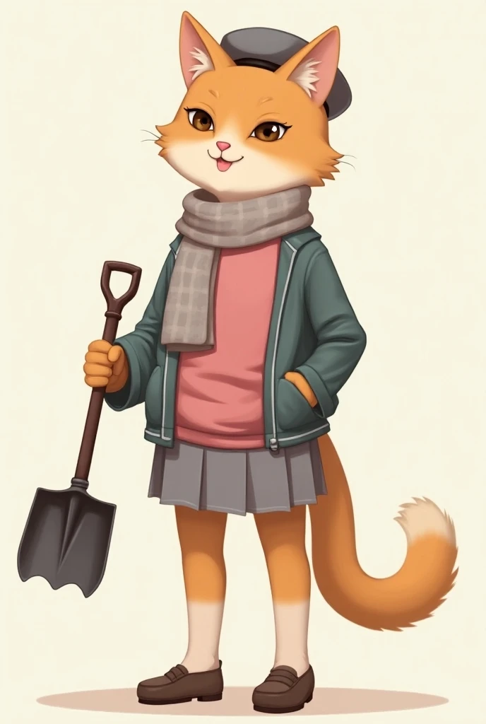  A full body image of an orange cat , with a pretty body .  Her breasts are not that big ,  but they are good size .  And her hips are of average size .  She wears a pink shirt with the first button detached,  a gray jacket ,  with a scarf hanging around h...