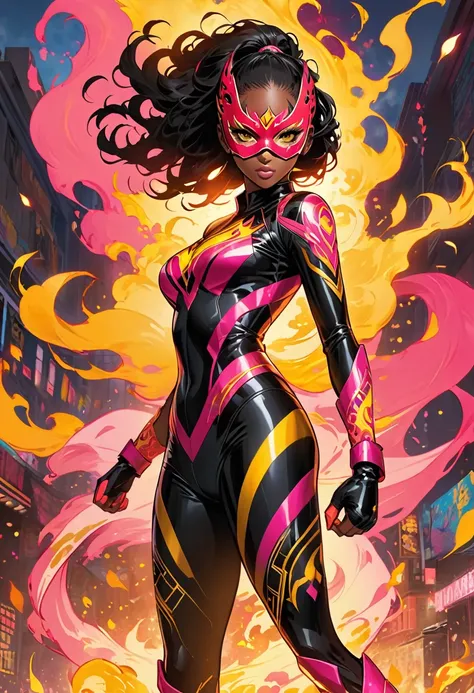 This is a captivating scene of a young, African American superheroine with striking yellow eyes and long, fiery red and black hair. She stands tall, clad in a sleek, form-fitting suit embellished with flame motifs in vibrant shades of pink, orange, black, ...