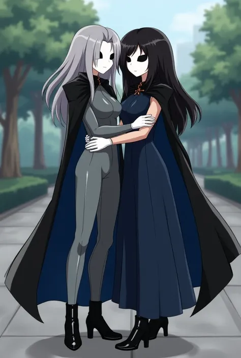 (2female, couple) faceless, mask (white face mask, black eyes/) grey hair, long hair, blue long cape, (cape covering full body/), white gloves, grey clothing bodysuit, black heels boots, wide open trousers pants, pants covered boots, used cape to covered, ...