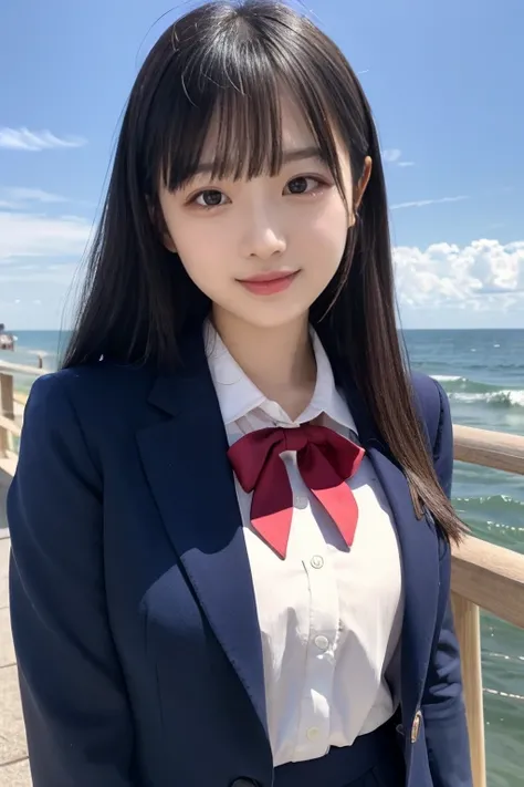  Japanese woman like an idol ,Long Hair , straight hair, Round face , bust up , ((Best Quality)), ((masterpiece)), (  Details),  perfect face、4K、cute、 well-prepared face、Marugaoka、baby face、 high school girl、A little BBW、 ocean岸、Big smile、 navy blue blazer...