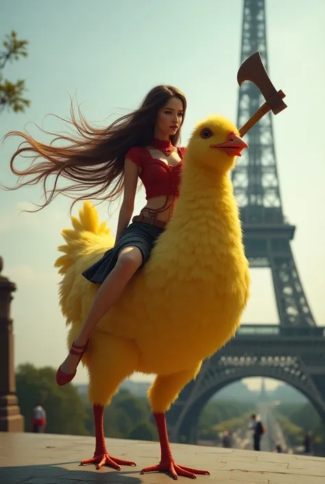 Woman with very long brown hair and with a short skirt and a red neckline holding an axe riding a yellow chick on the street next to the Eiffel Tower