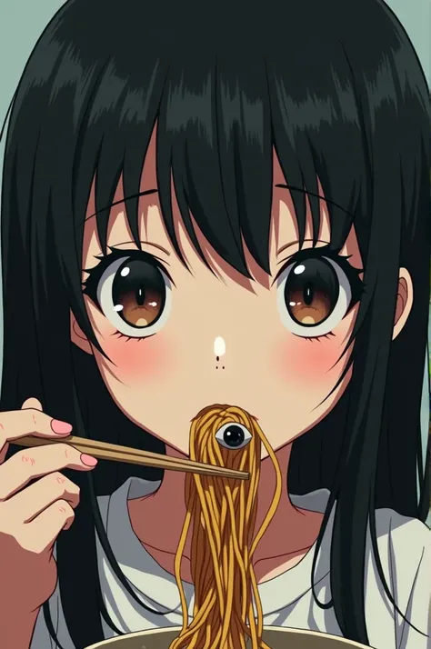 Make it anime type a Asian girl with bangs eating noodles with creepy face and noodles has a eye in it