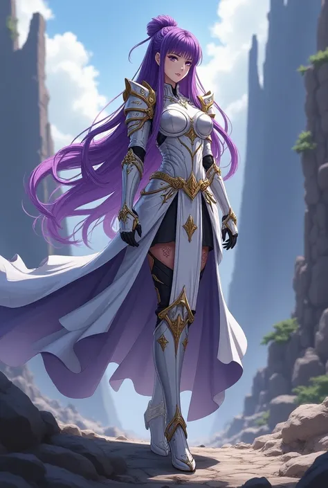 Heroina Guerrera purple haired princess with white and gold armor anime 
