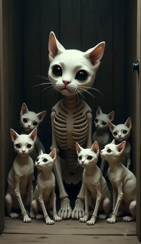 "In a small, wooden room sits a family of very thin and skeletal cats. The body of the mummy cat sitting in the center seems to be only a skeleton of bones, and tears are flowing from her eyes. Around her are several small- There are little kittens, with e...