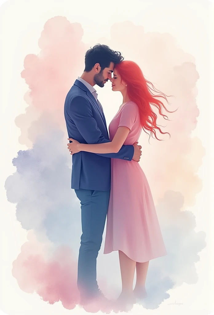  Create a modern abstract watercolor work that captures the essence of a couple of men and women embracing.  Uses smooth, flowing shapes that suggest the silhouettes of bodies ,  but without explicit details ,  allowing the figure to dissolve in the waterc...