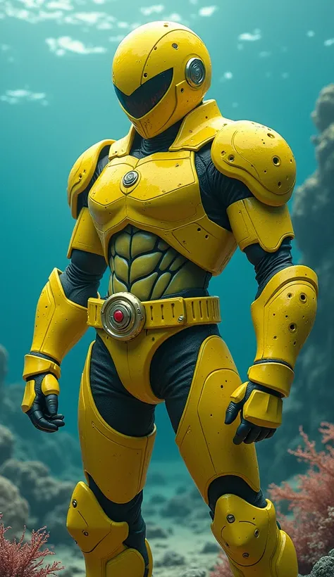 A realistic Kamen Rider inspired by SpongeBob SquarePants, with a yellow helmet featuring a visor that subtly resembles SpongeBobs features. His armor is yellow with sponge-like textures and small, natural-looking holes throughout, mimicking SpongeBobs por...