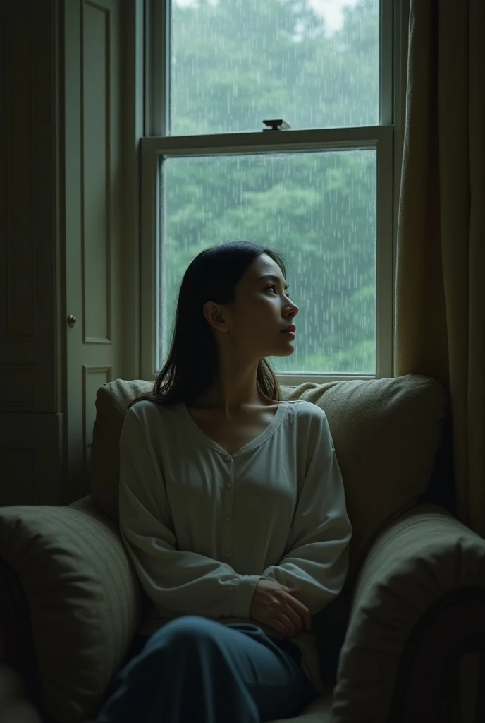 A woman sits in a warm, relaxed space inside the room with a view of the rain falling from the window 、部屋の中は暖かいリラックスした空間に女性が座っている