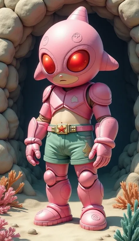 A realistic Kamen Rider inspired by Patrick Star, with a pink helmet featuring a visor shaped subtly like Patricks eyes. His pink armor has a smooth, starfish-like texture, with details that mimic Patrick’s rounded form. His gloves and boots are a light gr...