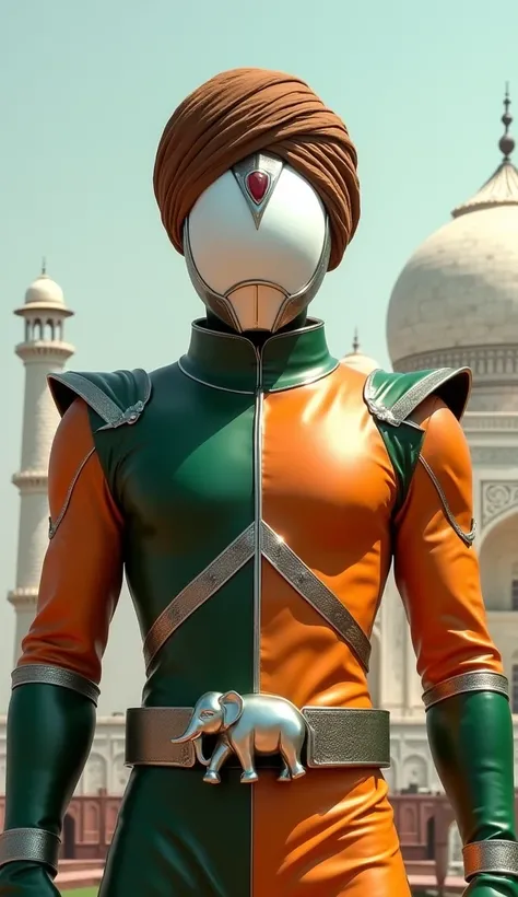 A Kamen Rider inspired by India, wearing saffron and green armor, reflecting the national colors. His helmet features a white visor and is topped with a traditional brown turban, symbolizing cultural pride. The chest armor is simple with clean lines, and h...