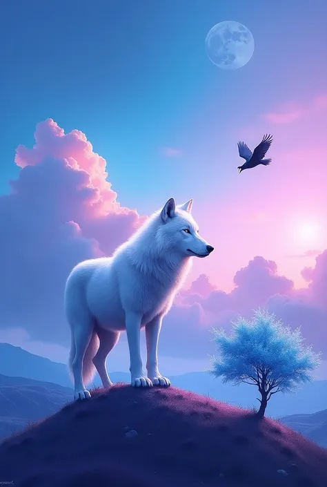 Un paysage lumineux, avec des corbeaux noir, un arbre bleu, le soleil rose, les nuage violet, un loup blanc sur une colline qui regarde ce paysage.