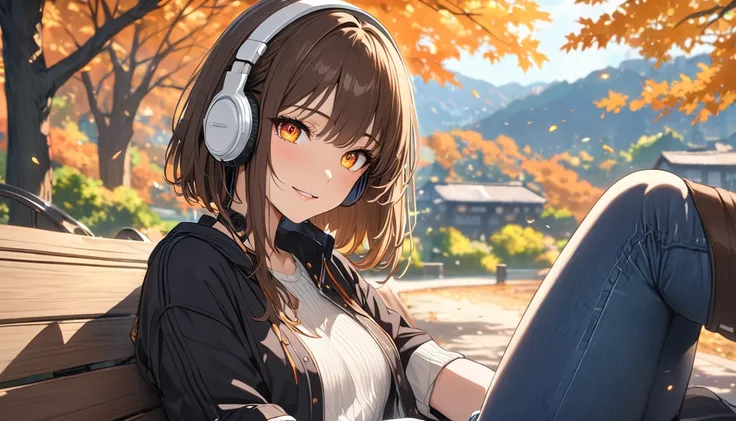 background：Shade in the park、 Autumn breeze passes through comfortably 。  
expression： Looking around while smiling softly 。  
Costume：Knit and denim 。  
Pose：Sitting on a bench、 Relaxing while shrugging slightly。  
scene：( Brown-haired girl with headphone...