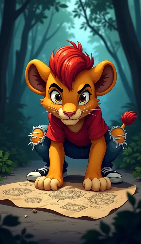 Sheru the lion cub, with a mischievous grin, sits in a dark jungle hideout as he crafts a daring plan to rob a bank. He has a determined, sneaky look on his face, and in front of him is a rough map of the bank with markings and arrows. The jungle is shadow...