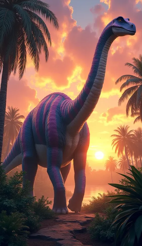 Image Prompt:** *A giant Apatosaurus-like dinosaur, with a bluish-purple and pink striped body, strolls across a prehistoric landscape at sunset. Palm trees and other tropical vegetation are visible.  Highlight the golden hues of the setting sun.*

