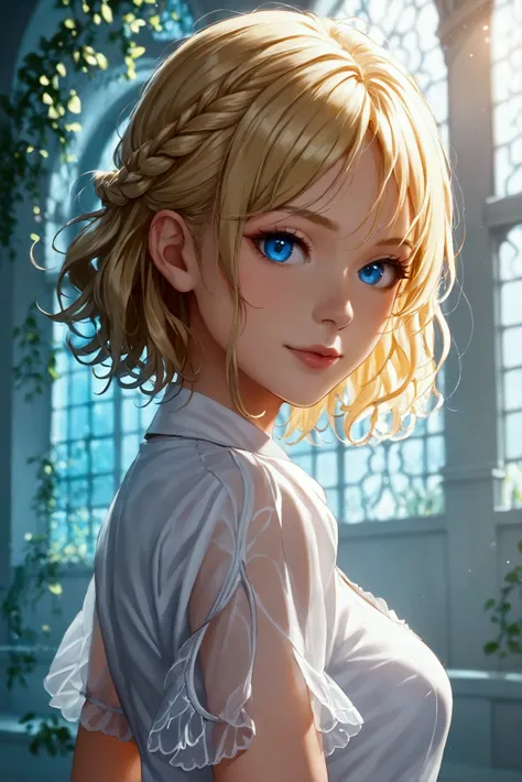 Female character,  blond hair, Big hair, blue eyes, white shirt, short shirt, Enchanted expression, white pele,  best quality , 8k, work of art