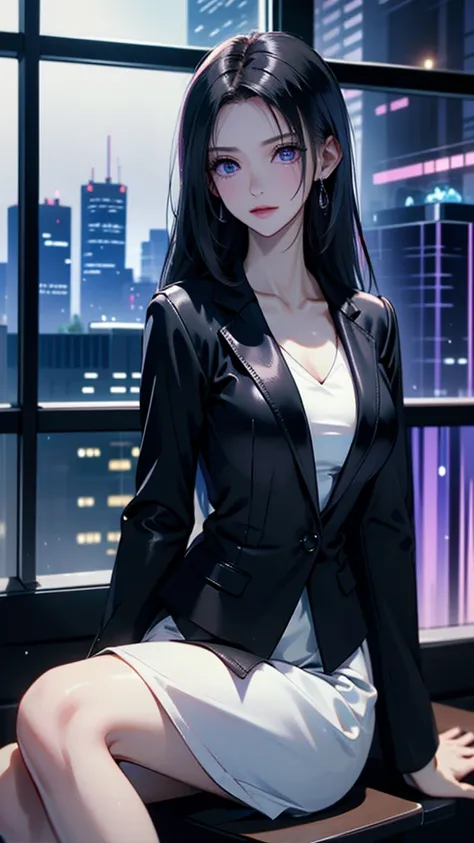 Woman wearing business outfit, formal blazer, white blouse, beautiful, masterpiece, best quality, perfect lighting, (Black hair:1.2), long hair, (Violet eyes:1.2), slender build, thin, Small breasts, business woman, ceo, sitting in luxurious black leather ...