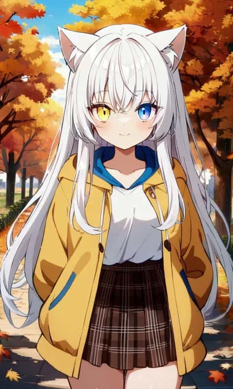 best quality , ultra detailed ,  highres icon ,anime style , from front , whole body , look at viewer ,One woman, ((long white hair)), ((  heterochromia,yellow right eye,blue left eye)), cat ears, 1 girl, Autumn scenery,Hooded coat, Plaid Skirt , long hair...