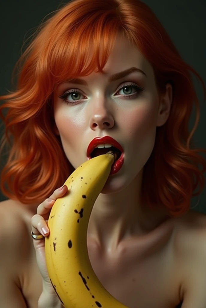 Redheaded woman biting on a very sexy banana