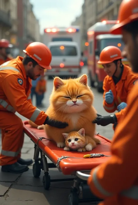 Rescue Team Taking Them to Hospital

Description: A scene of hope and care. The rescue team, dressed in bright uniforms, carefully lifts the orange chubby cat and its kitten onto a stretcher. One rescuer gently pats the chubby cat’s head to comfort it, whi...