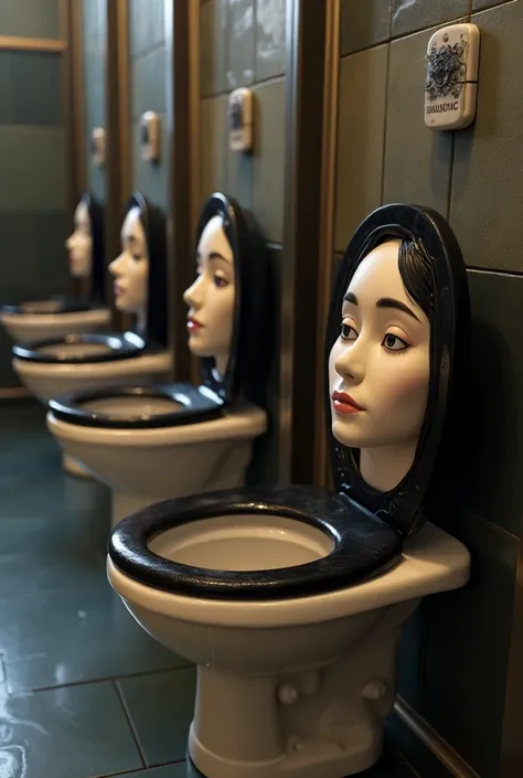 A set of toilet seat girls which are toilets with 3d female faces attached to the bowl. No body The toilets have black seat cover and each of them in their stall in 1st floor ladies room at hogwarts 