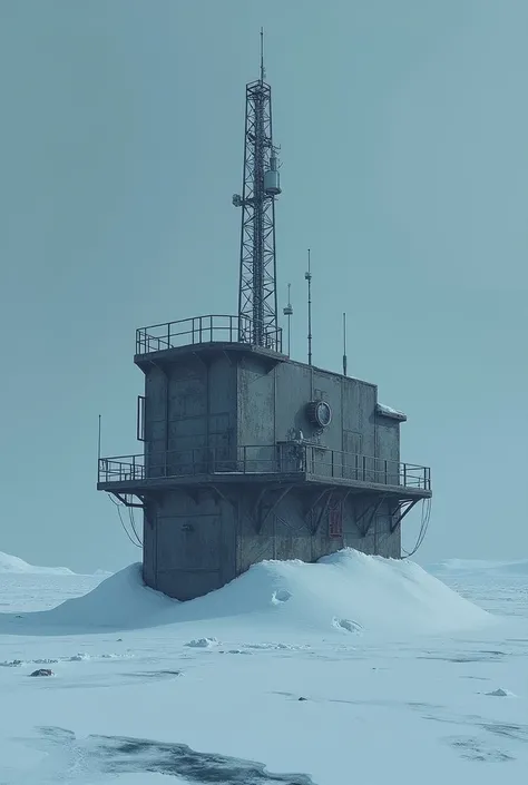  Illustration of a metal building half buried in snow in Antarctica, with a large antenna that appears to point to the sky .  Twilight light adds a mysterious feel to the base 