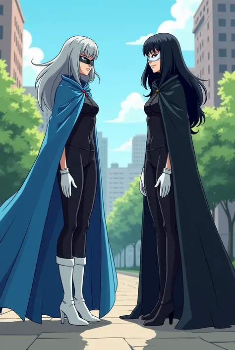 (2female, couple) faceless, mask (white face mask, black eyes/) grey hair, long hair, blue long cape, (cape covering full body/), white gloves, grey clothing bodysuit, black heels boots, wide open trousers pants, pants covered boots, used cape to covered, ...