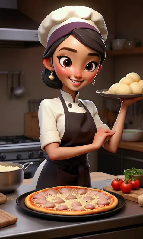 a Korean-Asian woman wearing a hijab wearing a black apron that says "IKEY KITCHEN" and a chefs hat. Im making pizza by holding a rolling pan full of flour. On the right there is some dough ready to be baked. On the left there is sauce, onions, sausages an...