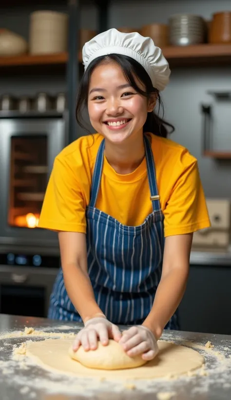 create an epic realistic image modern happy Asian Thai woman baker wearing yellow shirt, blue apron and bakery hat making of dough in modern baking oven bg