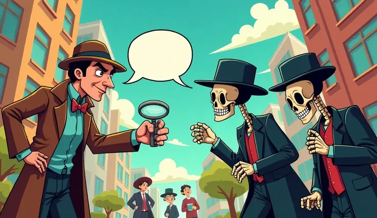 Background:
A colorful cityscape, with a few trees and buildings in the backdrop, giving it a lighthearted, cartoonish feel.

Characters:

2 Detectives:

One is a classic Sherlock Holmes-type, complete with a magnifying glass, looking overly serious and in...