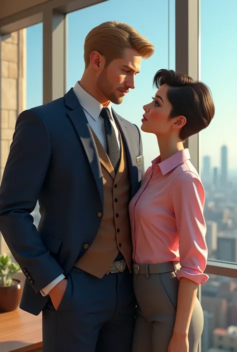  Draw me a handsome man in the hyperrealism genre (blond) with a girl - Jack and Aylu , as described below ,  hes the CEO of ,  in his luxurious office with panoramic windows . they love each other.  The office is expensive furnished, classic interior styl...