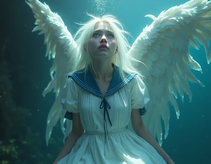 ( transparent:1.3), white seraph , sailor dress, white theme, torn clothes,  employee , looking at the sky,  insanity,  long, messy hair ,  eyes crying , The hair shines , dramatic angle , sailors blue collar , Tirste , crazy,  partially underwater photo.....