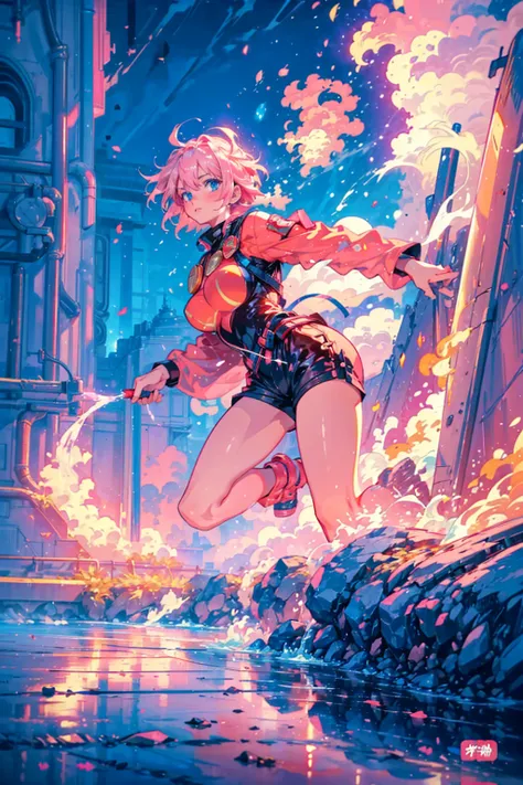 1girl,solo,(((pink short hair,blue eyes))),gigantic breast,sexy,firewoman,firewoman uniform,helmet,fire engine,fire truck,water,splash,fire extinguishing,fire fighter,
magical, manipulate water,
outdoor,smoke,fire, conflagration,