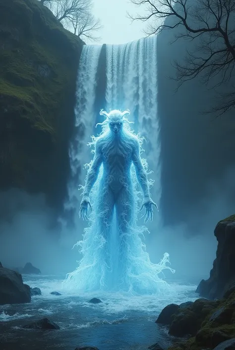 a demonic monster figure formed from Water energy and water particles ((similar to a clear hologram)) becomes One Appears in a large, haunted Waterfall