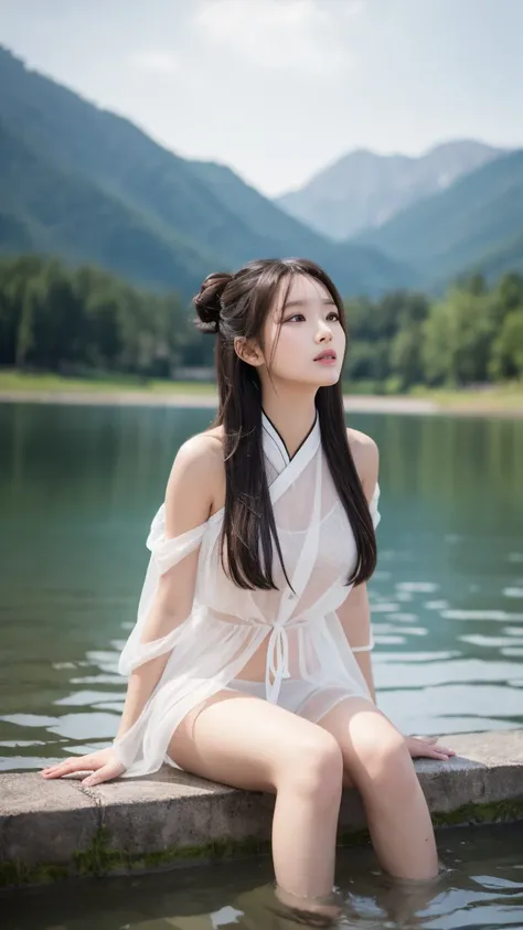 Chinese style girl， twin girls bathing in a lake， bathing in the lake ，Snow Scene， long black hair，No hair bun ，fantasy world，Sexy，beauty，UHD photos ，hdr， onlooker details ，whole body，Dynamic Movement， cinematic 8k resolution，Embrace，Mist，Black long straig...