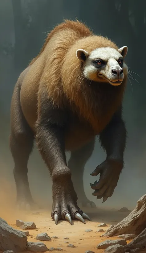 Design a hybrid creature that combines features of a camel and a badger into a monstrous, dangerous entity. The creature should have the muscular, large body and hump of a camel, with thick, tough badger-like fur running along its back. Its face should be ...